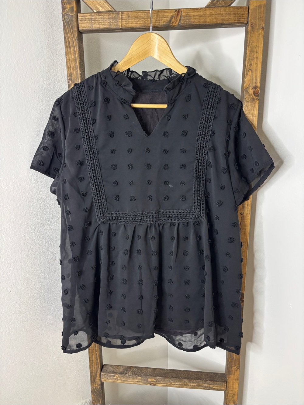 Black Swiss Dot Ruffle Neck Women's Top Size L
